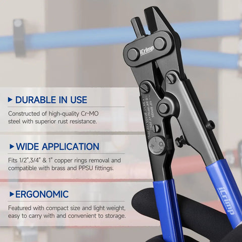 PEX Copper Ring Removal Tool Decrimper with blue handles in focus highlighting durable rust resistant steel build