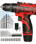Powerful 12V Cordless Drill Driver Kit With 43 Piece Home Tool Set, Dual Speed, LED Light, Battery and Charger, Red and Black