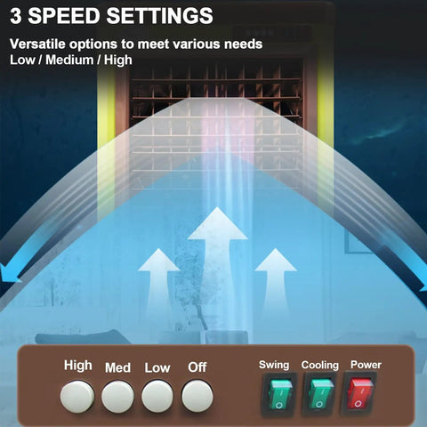 Control panel of Heavy Duty Portable Swamp Cooler featuring 3 speed settings for efficient garage cooling and humidifying.