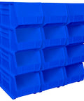 Blue stack of 12 Stackable Plastic Storage Bins For Garage Pantry And Craft Organization 15 By 8 By 7 Inches space saving