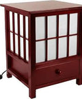 Hokkaido End Table Lamp With Drawer In Rosewood Finish, 19 Inch Tall, showcasing kiln dried spruce lattice and drawer