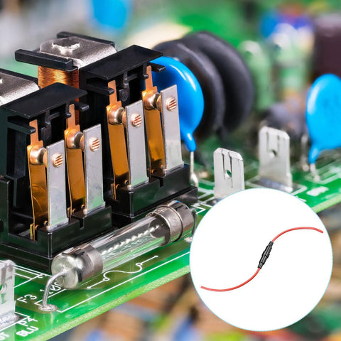 2 Pack Inline Screw Type Fuse Holder 14 Gauge AWG For 5mm X 20mm Glass Tube Fuse Black mounted on a circuit board.