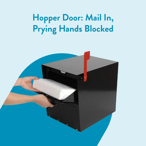 Oasis Classic Locking Post Mount Parcel Mailbox Built Like A Tank With High Security Reinforced Lock and hopper door in use.