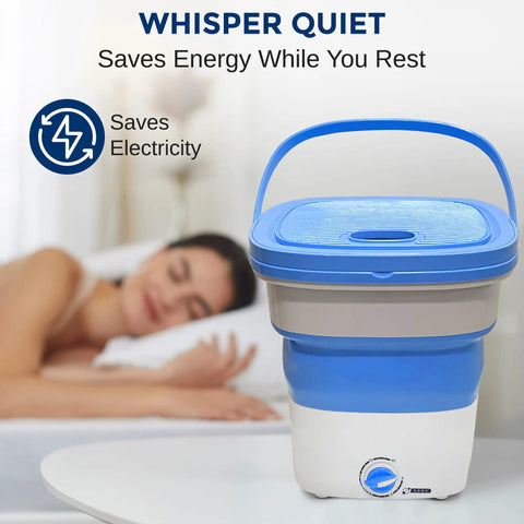 Portable Mini Washing Machine For On The Go Laundry, Lightweight Collapsible Bucket Washer And Dryer, 1kg Capacity, Blue in bedroom