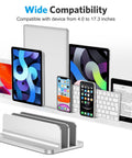 Dual Dock Vertical Laptop Stand With Aluminum Desktop Frame, Adjustable Width, holding various devices
