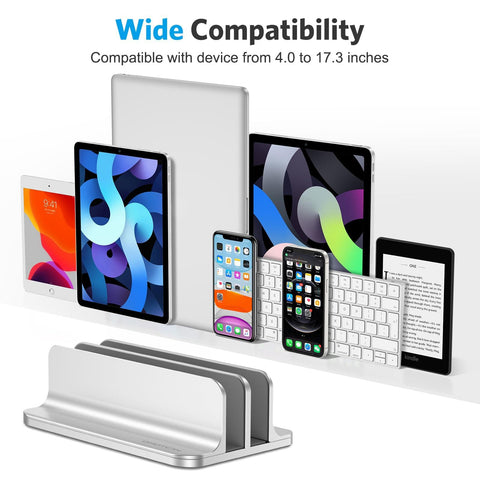 Dual Dock Vertical Laptop Stand With Aluminum Desktop Frame, Adjustable Width, holding various devices
