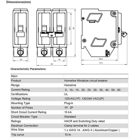 2 Pole 60A Thermal Magnetic Miniature Circuit Breaker Plug In Panel Mount With Tool Free Install And 10KA Breaking Capacity