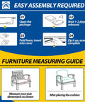Instruction guide for Outdoor Chair Cushions Set Fade Resistant Waterproof Patio Replacement Cushions 24x24x5 Seat Cushions And 24x19 Back Cushions Navy Blue One Hundred Percent Polyester With Breathable Covers UV Resistant Easy Care, showing the assembly and furniture measuring guide.