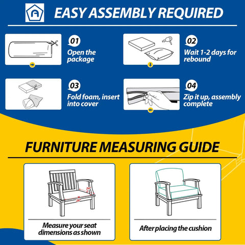 Instruction guide for Outdoor Chair Cushions Set Fade Resistant Waterproof Patio Replacement Cushions 24x24x5 Seat Cushions And 24x19 Back Cushions Navy Blue One Hundred Percent Polyester With Breathable Covers UV Resistant Easy Care, showing the assembly and furniture measuring guide.