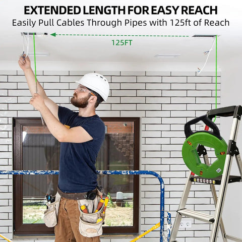 Heavy Duty Manual Wire Puller 65 Foot Flexible Polyester Cord With Smooth Spring Roller Head used by electrician to pull cables.