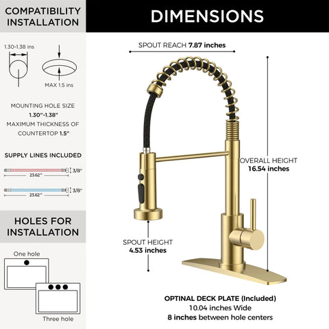 Brushed Gold Kitchen Faucet With Pull Down Sprayer, Single Handle, Dimensions: height 16.54 in, spout reach 7.87 in, deck plate