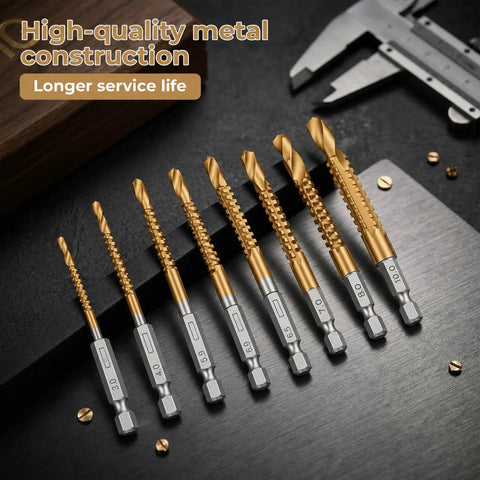 Kickass Titanium Drill Bit Set Eight Piece High Speed Steel Kit With Three To Ten Millimeter Options for metal and wood use.