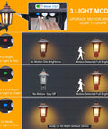 Diagram showing 3 light modes of Two Pack Solar Wall Lantern Lights Outdoor With Motion Sensor, Dusk To Dawn LED Sconces
