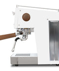 Side view of Duo Espresso Machine With PID Temperature Control And Programmable Volumetric Settings, walnut handle, white finish.