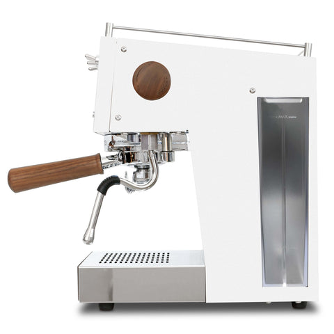 Side view of Duo Espresso Machine With PID Temperature Control And Programmable Volumetric Settings, walnut handle, white finish.