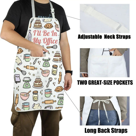 Funny Cooking Pastry Chef Apron With Pockets For Kitchen Lovers I Will Be In My Office Baking Apron, adjustable straps, size 84x68 cm