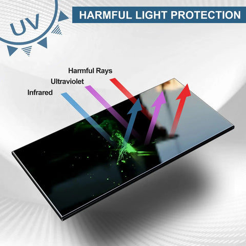 5 Pack Beefy Hardened Welding Glass Lens Shade 13 Filter Plates Rock Solid Black Shield Replacements For MIG TIG Stick Welders Pro Eye Protection Scratch Proof Arc Guards 2 By 4 25 Inches showing harmful light protection features.