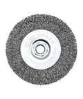 Four Inch Crimped Steel Wire Wheel Brush Compatible With All 4 1/2 Angle Grinders for stripping paint and cleaning metal projects.