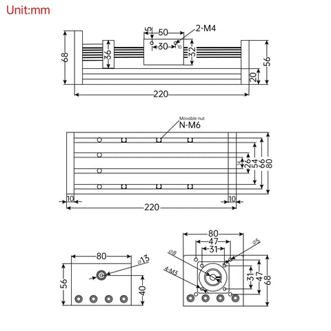 Technical diagram of Rock-Solid Precision CNC Linear Stage Actuator With Double Optical Axis Rail And 1204 Ball Screw, 100mm Effective Stroke
