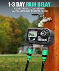 Brass Two Station Hose Timer With Large Digital Display showing rain delay feature attached to garden faucet