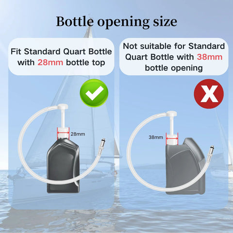 Front view of SeaSierra marine lower unit gear lube pump; infographic shows 28mm bottle top fit vs 38mm incompatible