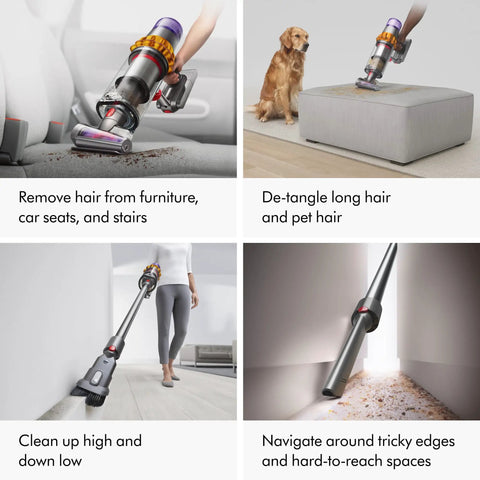 V15 Detect Cordless Vacuum Cleaner with Smart Dust Detection and Power Trigger cleaning furniture, pet hair, and edges at home.