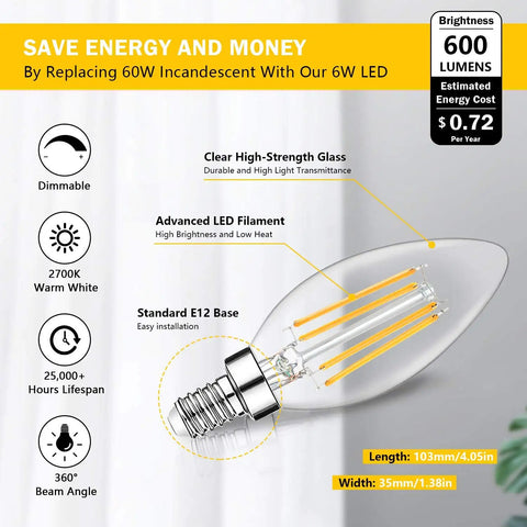 12 Pack Dimmable E12 LED Candelabra Bulbs 60W Equivalent 2700K Soft Warm White 600 Lumens B11 Candle Shape Filament Vintage