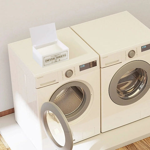 Slick Clear Dryer Sheet Holder With Lid Fabric Softener Dispenser on laundry machine, see-through acrylic box for organization.