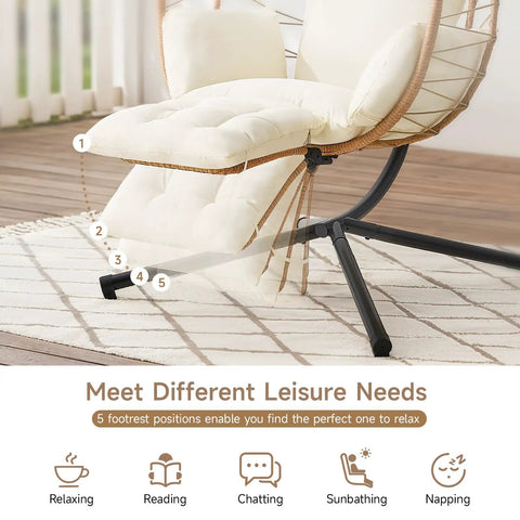 Close-up of Hanging Egg Chair With Five Level Adjustable Footrest And Stand Wicker Rattan Swing Hammock Chair