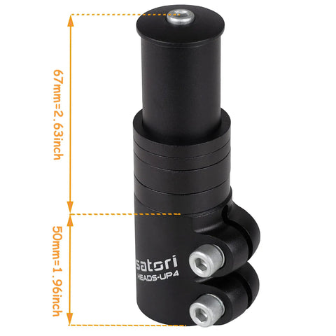Adjustable One And One Eighth Inch Handlebar Stem Riser For Mountain Bikes, Raises Up To Seventy Eight Millimeters For A Higher Hand Position, Compatible With Twenty Eight Point Six Millimeter Fork Steerers, Easy Install, No Fuss, black aluminum part with height measurements labeled in orange
