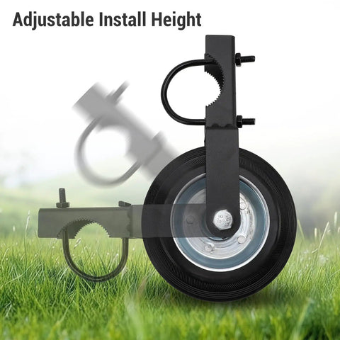 Built Tough 6 Inch Heavy Duty Gate Wheel With Solid Rubber Tire That Won Quit Supporting Up To 500 Lbs On Metal Farm Or Chain Link Fence Fits 1 To 2 Inch Tubes For Relentless Outdoor Duty with adjustable install height.