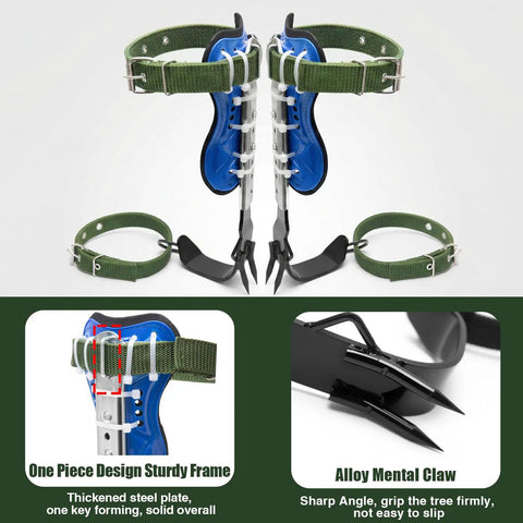 Pro Grade Tree Climbing Spikes With Adjustable Climbing Belt Ergonomic Design shown with green straps and alloy claw details
