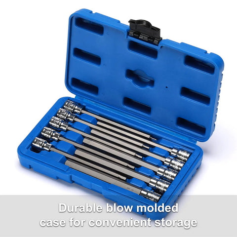 10 Piece Three Eighth Inch Drive Long Hex Bit Socket Set SAE From One Sixteenth To One Half Inch in blue case