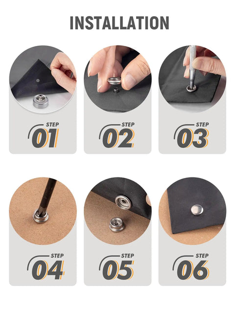 Installation guide for Marine Grade Canvas Snap Button Kit 150 Pcs Stainless Steel Snap Fasteners with 3/8 inch socket screws.