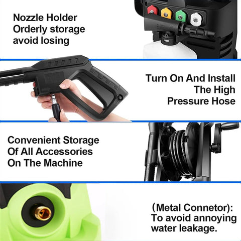 HX3000 Portable Pressure Washer With Hose Reel showing nozzle holder, hose installation, accessory storage, and metal connector features.
