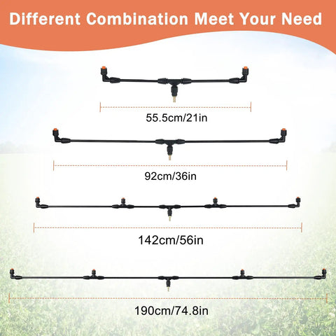 Four Nozzles Poly Sprayer Boom Wand With One Quarter Inch Brass Fittings For Backpack Sprayer shown in different lengths