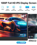Dual Monitor Laptop Extender 14.2 Inch FHD 1080p Portable Monitor showing colorful car image on its Full HD IPS display screen