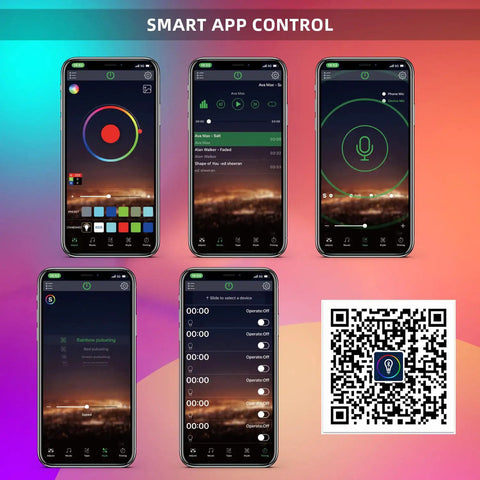 Smartphone app interface for PMMA Covered LED Strip Lights 16ft With 150 High-Level Chips, showing controls and QR code