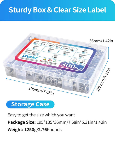 Beefed Up 300 Piece Metric Flange Bolt Kit With M6 M8 M10 Flange Hex Bolts And Nuts And Washers, storage case dimensions.