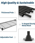 Beefy 5 Tier Metal Storage Shelves 71 Inch Wide Heavy Duty Garage Shelving Rack With 1325 Lbs Capacity, Industrial Grade Carbon Steel For Tools, Equipment, And Large Appliances, Easy Assembly. Steel shelf detail with thickened pole, mesh, and adjustable feet