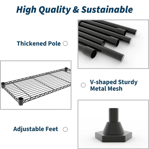 Beefy 5 Tier Metal Storage Shelves 71 Inch Wide Heavy Duty Garage Shelving Rack With 1325 Lbs Capacity, Industrial Grade Carbon Steel For Tools, Equipment, And Large Appliances, Easy Assembly. Steel shelf detail with thickened pole, mesh, and adjustable feet