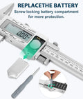12 Inch Digital Caliper With 4 Inch Jaw Depth Pro Grade Metal Frame Large LCD Screen showing battery replacement steps
