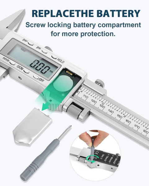20 Inch Digital Caliper With 4 Inch Jaw Depth, Full Metal Frame, Large LCD Screen, showing battery replacement.