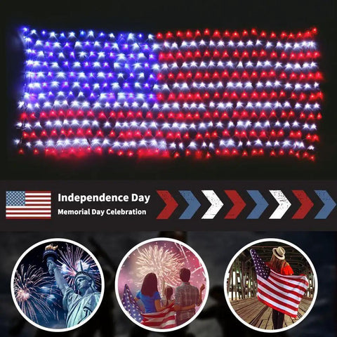 Patriotic Flag String Lights With Solar Or USB Power, 420 LED Net Light forming American flag with festive decor scenes