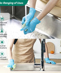 Blue Disposable Nitrile Gloves For Kitchen Cooking And BBQ, 100 Percent Food Safe, Powder Free, used for cleaning a sink.
