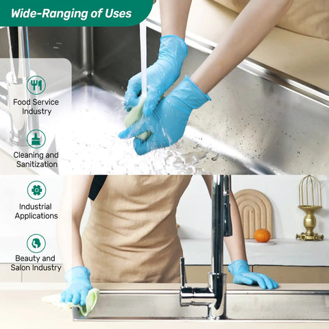 Blue Disposable Nitrile Gloves For Kitchen Cooking And BBQ, 100 Percent Food Safe, Powder Free, used for cleaning a sink.