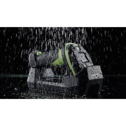 Cordless Ultra Rugged Barcode Scanner Kit with USB, cradle under rainfall, showing industrial green, drop tested, vibration resistant