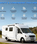 Trail Tough Tankless Camper Water Heater Cranks Out Instant Hot Water With Trusty 12V Propane Ignition features quick heating and safety icons.