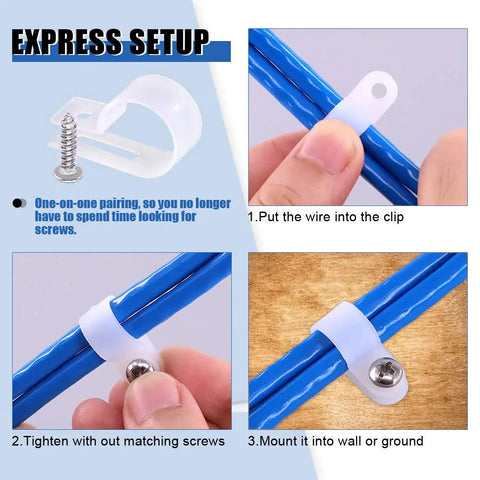 Express setup of White Nylon R Type Cable Clip Wire Clamp Kit 135 Pieces In Six Sizes With Screws for cable management installation
