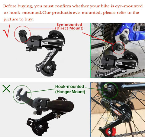 Image comparing eye-mounted and hook-mounted setups of RD TY21B Ride Ready Six And Seven Speed Rear Derailleur Direct Mount For Mountain Bikes.